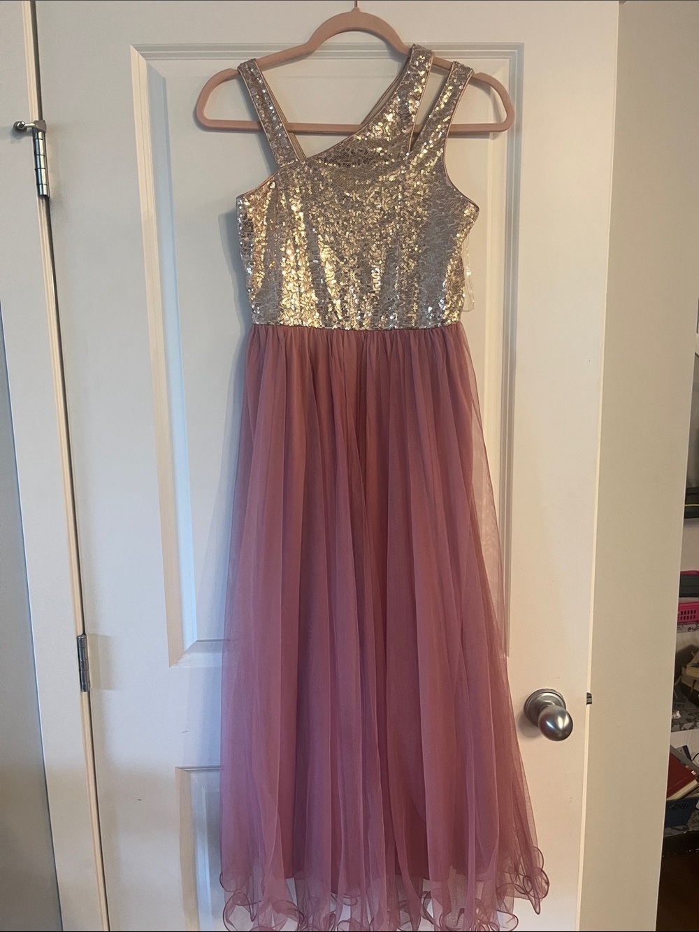 Speechless Gold Sequin Bodice with Dusty Rose Tulle Gown